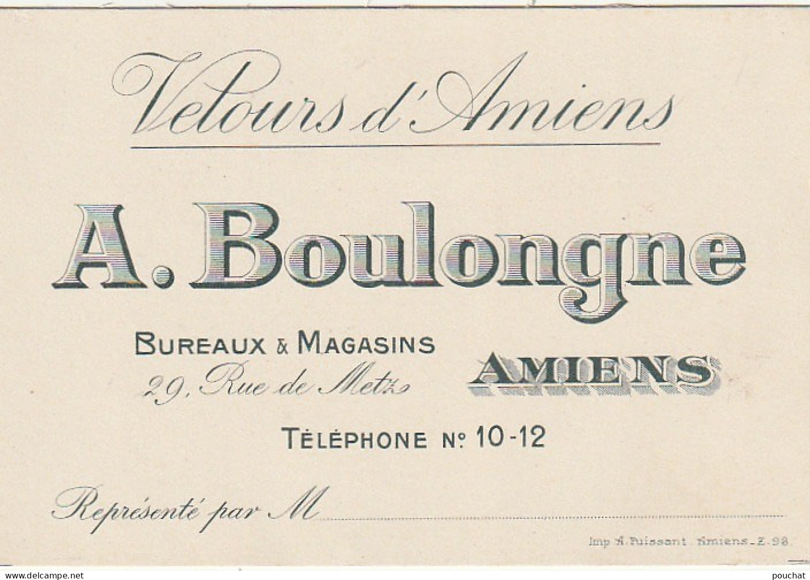 KO 6- (80) " VELOURS D' AMIENS " - A . BOULONGNE - BUREAUX & MAGASINS , RUE DE METZ , AMIENS- CARTE DE VISITE - 2 SCANS - Visitekaartjes