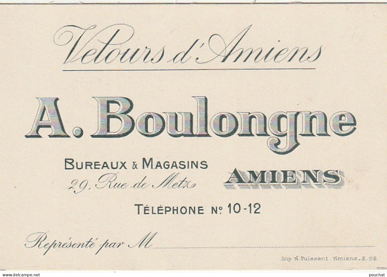 KO 6- (80) " VELOURS D' AMIENS " - A . BOULONGNE - BUREAUX & MAGASINS , RUE DE METZ , AMIENS- CARTE DE VISITE - 2 SCANS - Visiting Cards