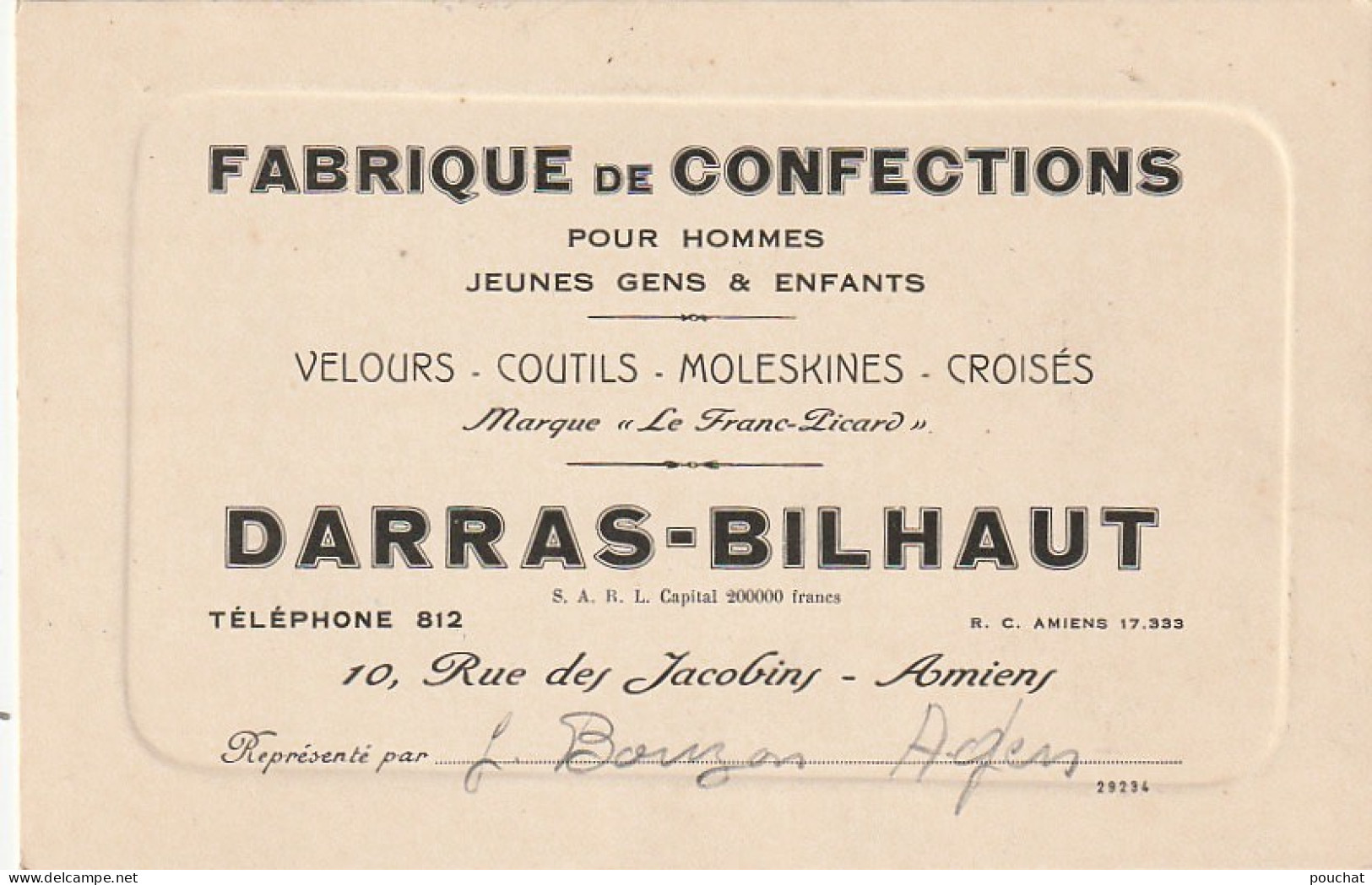 KO 6- (80) FABRIQUE DE CONFECTIONS " LE FRANC PICARD " , AMIENS - DARRAS BILHAUT - CARTE DE VISITE - 2 SCANS - Visiting Cards