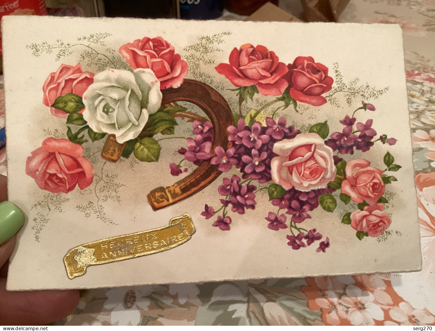 Heureux Anniversaire Fer à Cheval Fleurs Rose - Fiori