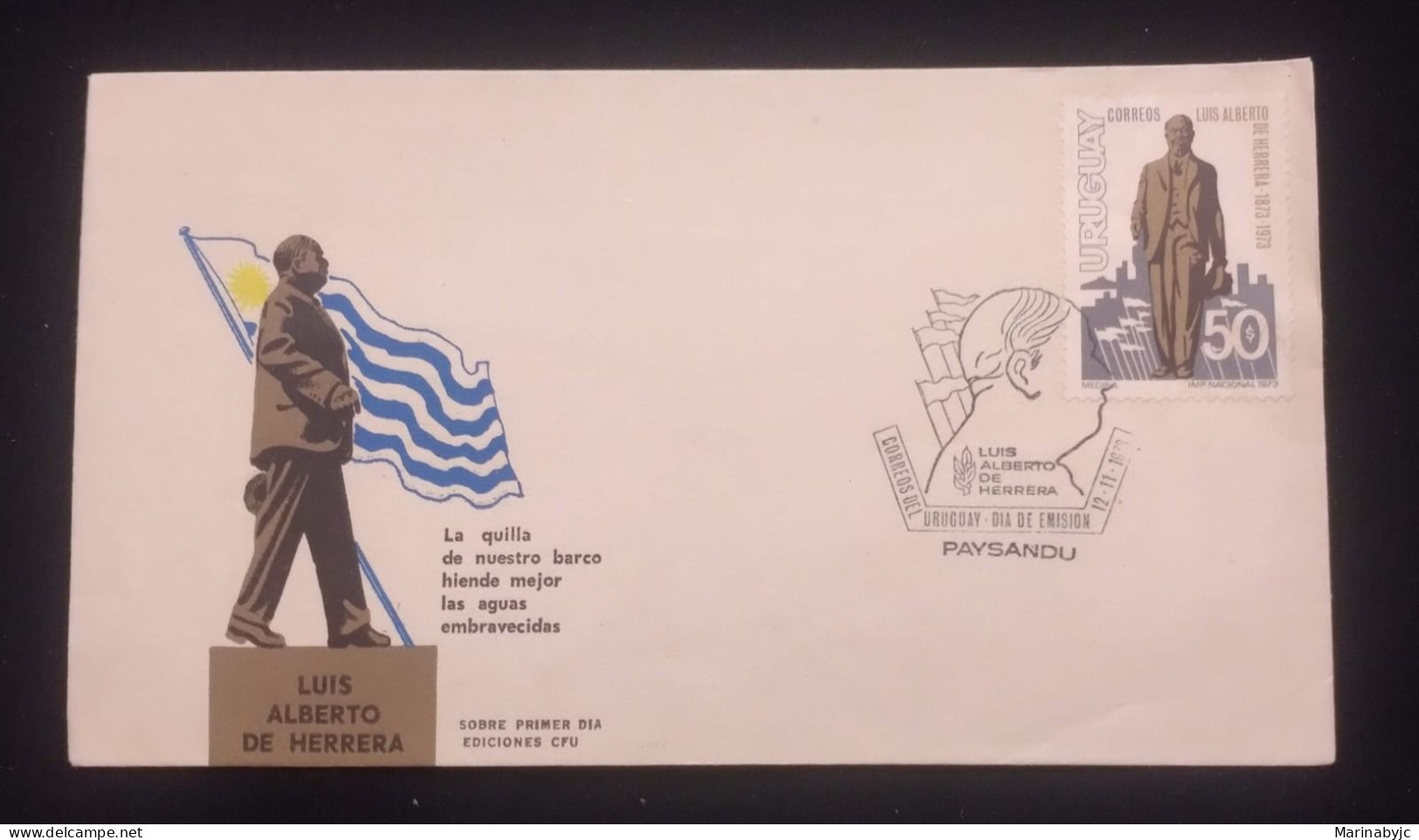 D)1975, URUGUAY, FIRST DAY COVER, ISSUE, CENTENARY OF THE BIRTH OF THE HISTORIAN, JOURNALIST AND POLITICIAN LUIS ALBERTO - Uruguay