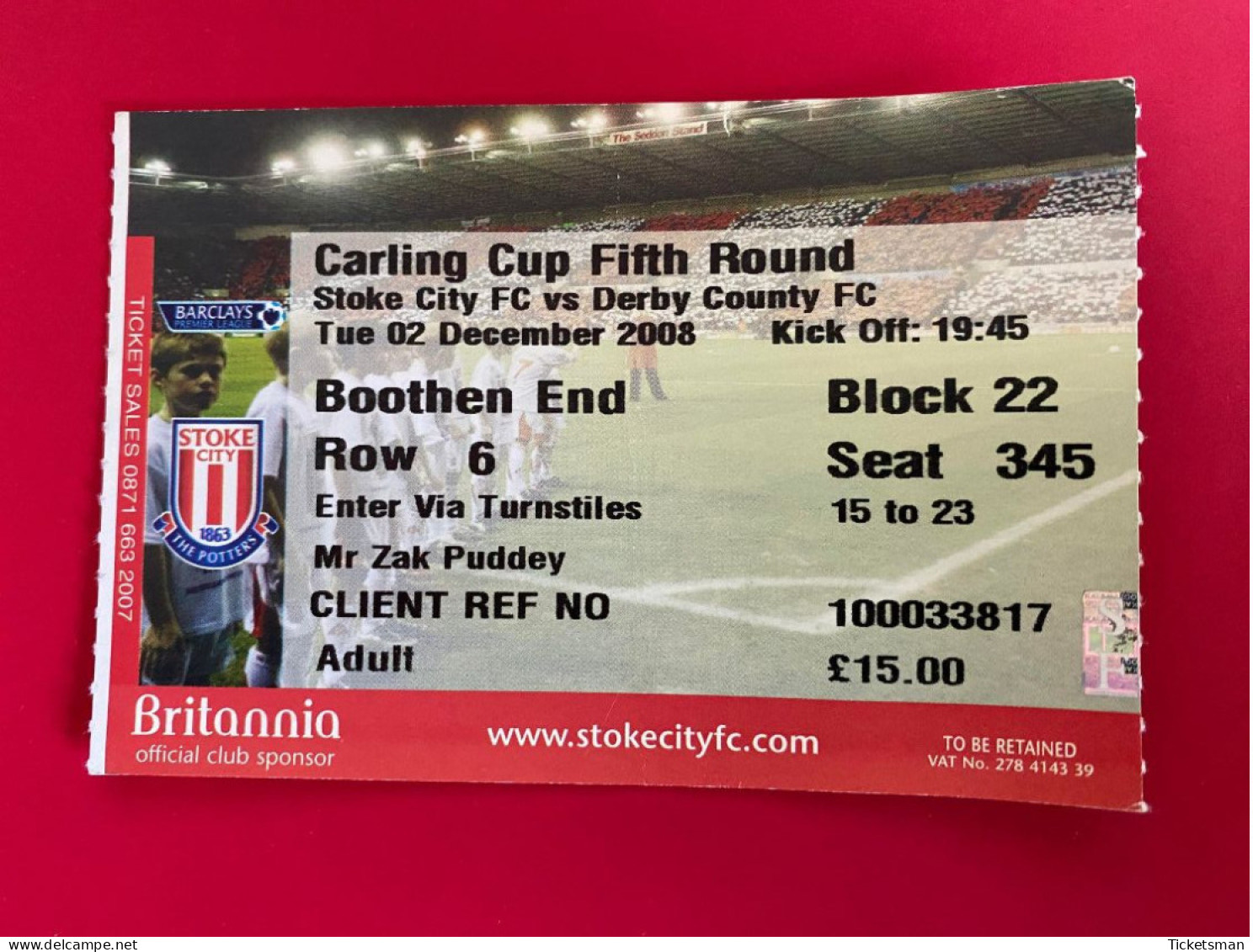 Football Ticket Billet Jegy Biglietto Eintrittskarte Stoke City - Derby County 02/12/2008 - Tickets - Entradas