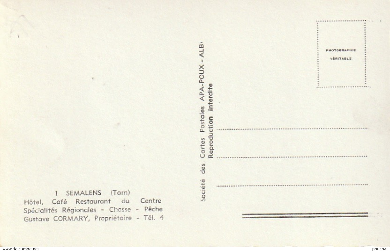 KO 11-(81) SEMALENS - HOTEL , CAFE RESTAURANT DU CENTRE  G .CORMARY , PROPRIETAIRE - PUBLICITE FILM " WINCHESTER 73 " - Andere & Zonder Classificatie