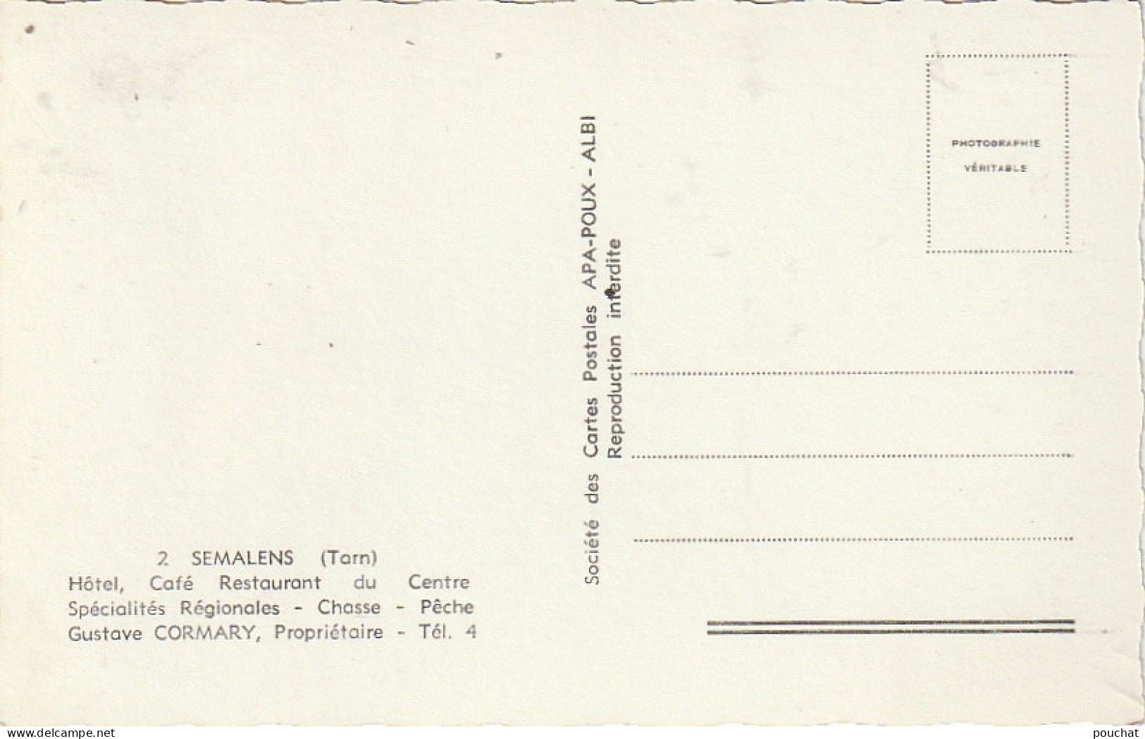 KO 11-(81) SEMALENS - HOTEL , CAFE RESTAURANT DU CENTRE  G .CORMARY , PROPRIETAIRE - 2 SCANS - Autres & Non Classés