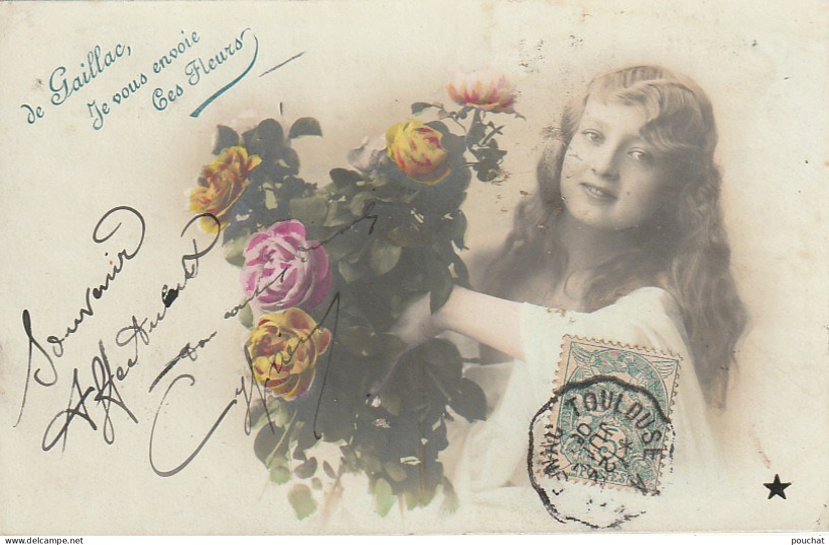 KO 11-(81) " DE GAILLAC , JE VOUS ENVOIE CES FLEURS " -  FEMME ET BOUQUET DE ROSES - CARTE FANTAISIE COLORISEE - 2 SCANS - Gaillac