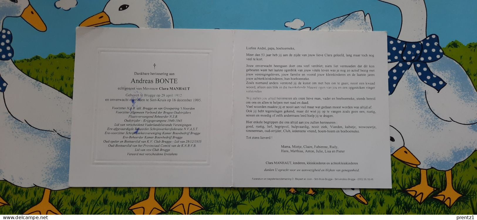 Andreas Bonte Geb. Brugge 28/04/1912- Getr.C. Manhaut - Voetbal Speler Club Brugge- Krijgsgevangene  - Gest. 16/12/1995 - Devotion Images