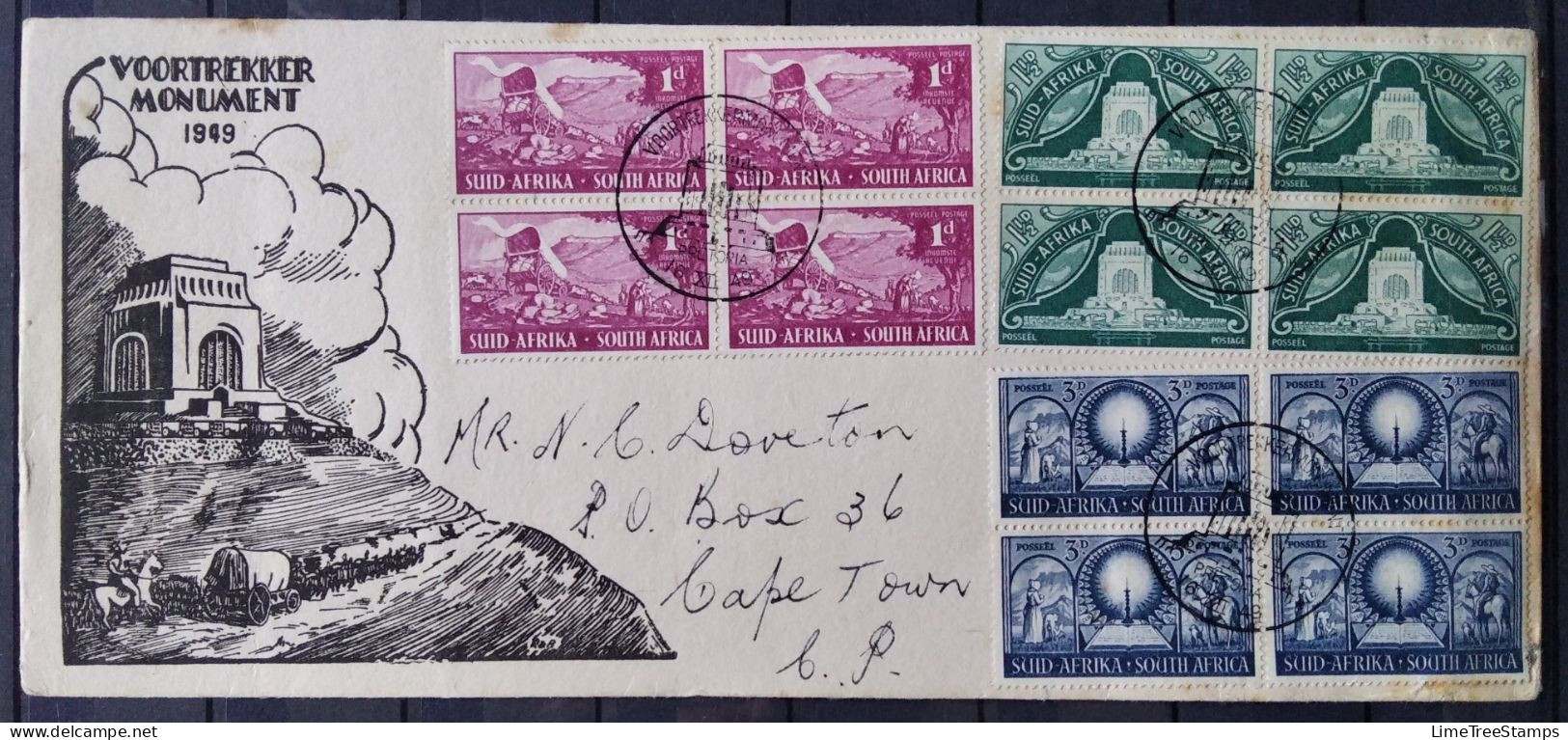 SOUTH AFRICA 1949 Voortrekker Monument Envelope Blocks Of 4 - Day Of The Vow Date Cancel - Briefe U. Dokumente