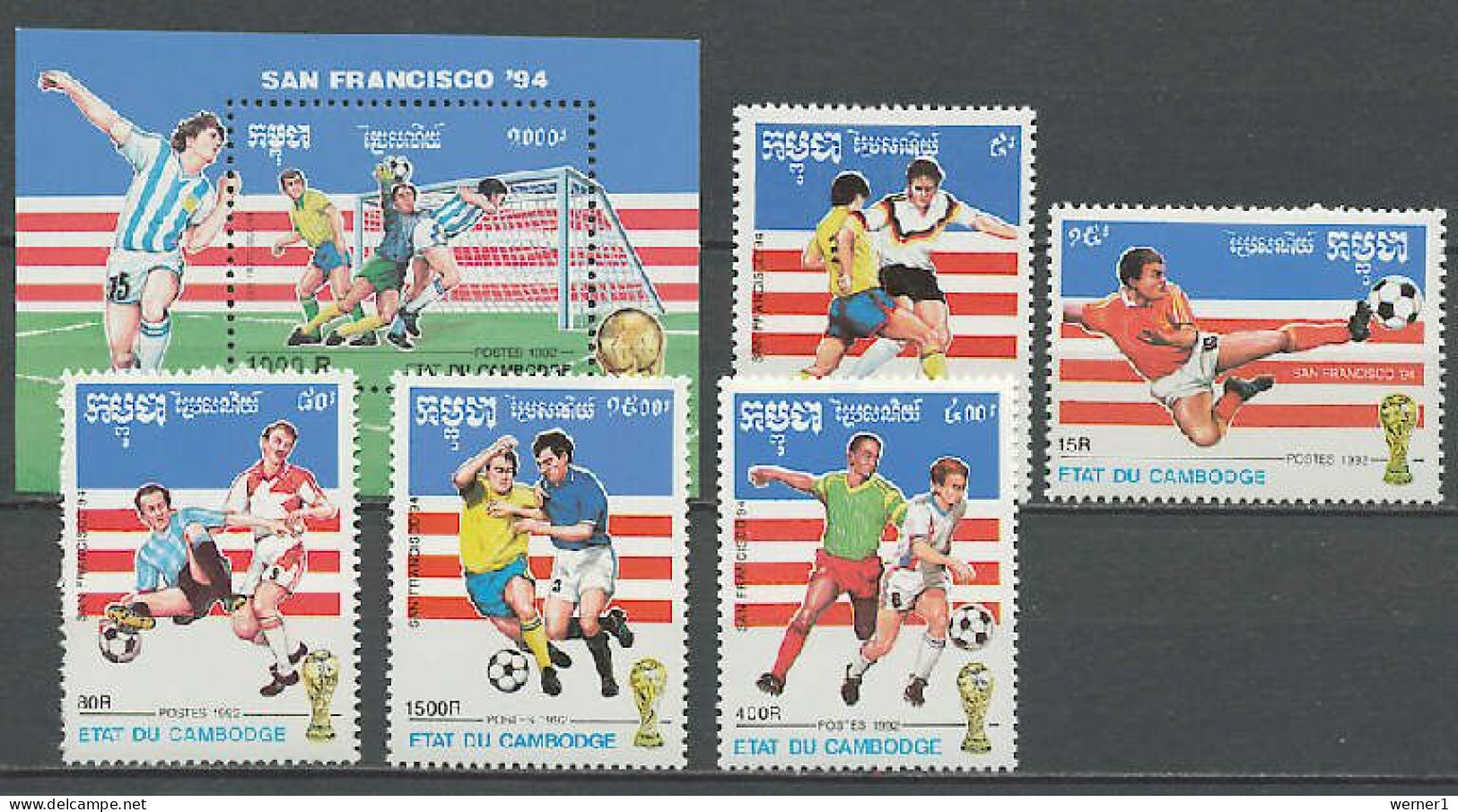 Cambodia 1992 Football Soccer World Cup Set Of 5 + S/s MNH - 1994 – États-Unis