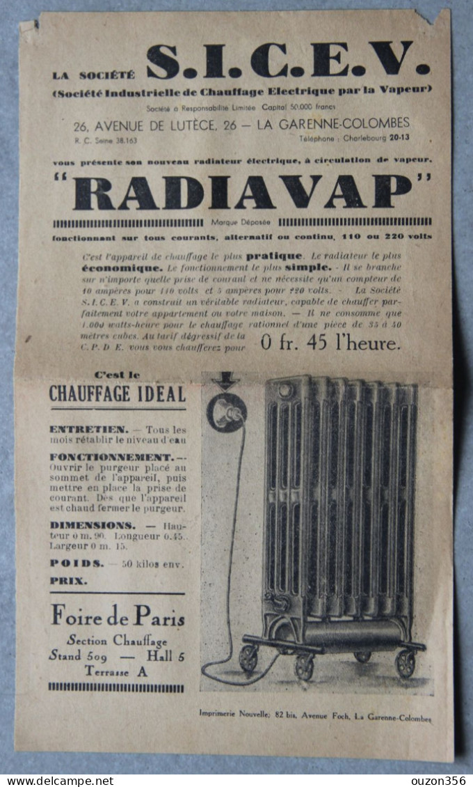 Radiateur RADIAVAP, Sté S.I.C.E.V. La Garenne-Colombes (Hauts-de-Seine), Publicité Foire De Paris - Pubblicitari