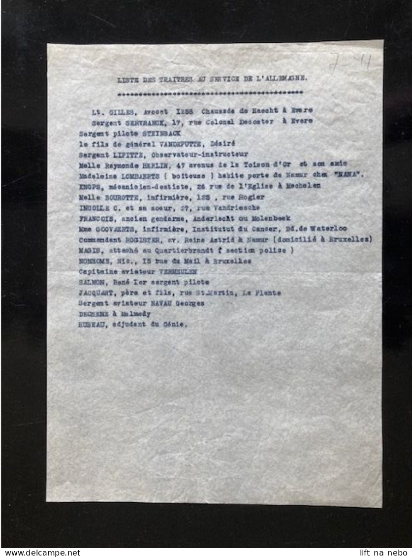 Tract Presse Clandestine Résistance Belge WWII WW2 'Liste Des Traîtres Au Service De L'Allemagne' Lt. Gilles, Avocat... - Documenti