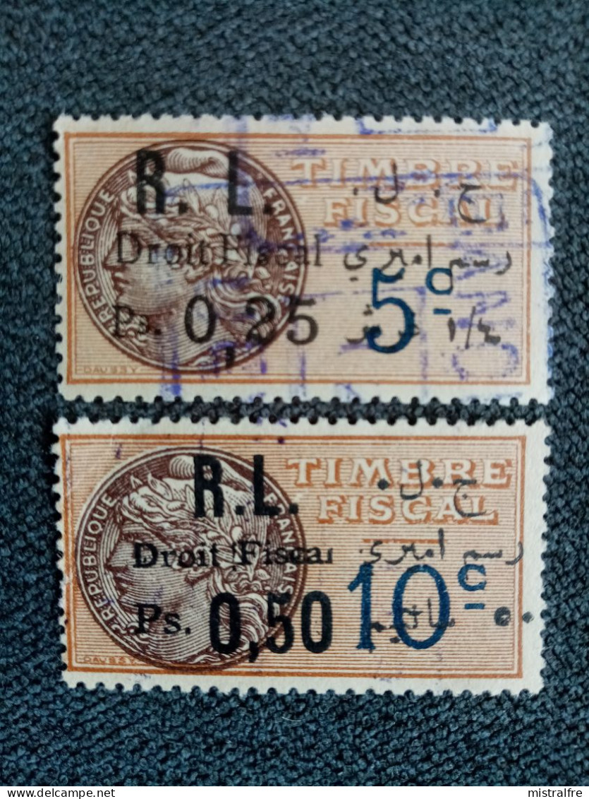 LIBAN. Timbres FISCAUX.  Surchargés   R.L. " Droit Fiscal " 2,25 Sur 5c / 0,50 Sur 10c . - Gebruikt