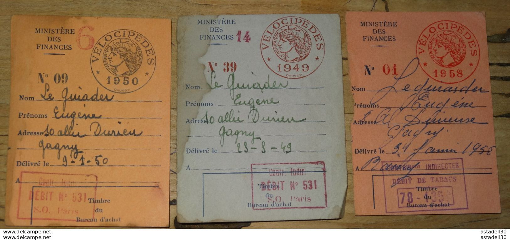 3 Cartes Taxe Sur Les Velocipedes 1949 - 1950 Et 1958  ................ PHI ..... E3-11 - Autres & Non Classés