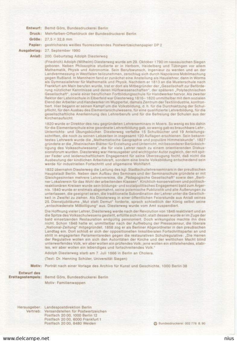 Germany Deutschland 1990-14 Adolph Diesterweg, Educator, Pedagogue, Philosopher, Canceled In Berlin - 1991-2000