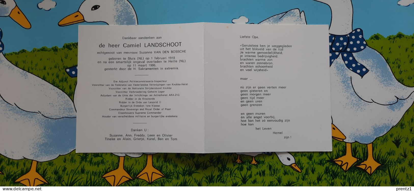 Camiel Landschoot Geb.Sluis 1/02/1918-getr. S. Van Den Bossche- Politie Commissaris -gest. Ongeval Heille 11/03/1996 - Devotion Images