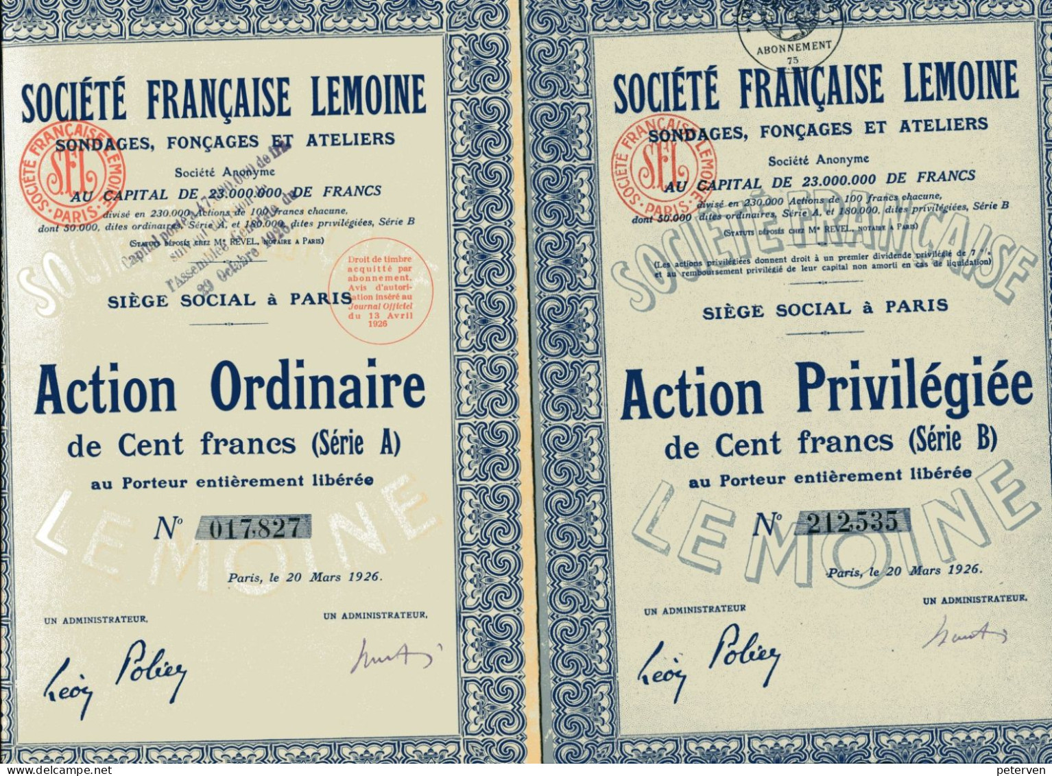 SOCIÉTÉ FRANCAISE LEMOINE - Sondages, Foncages Et Ateliers; Action Ordinaire & Action Privil. (2 Titres) - Mines