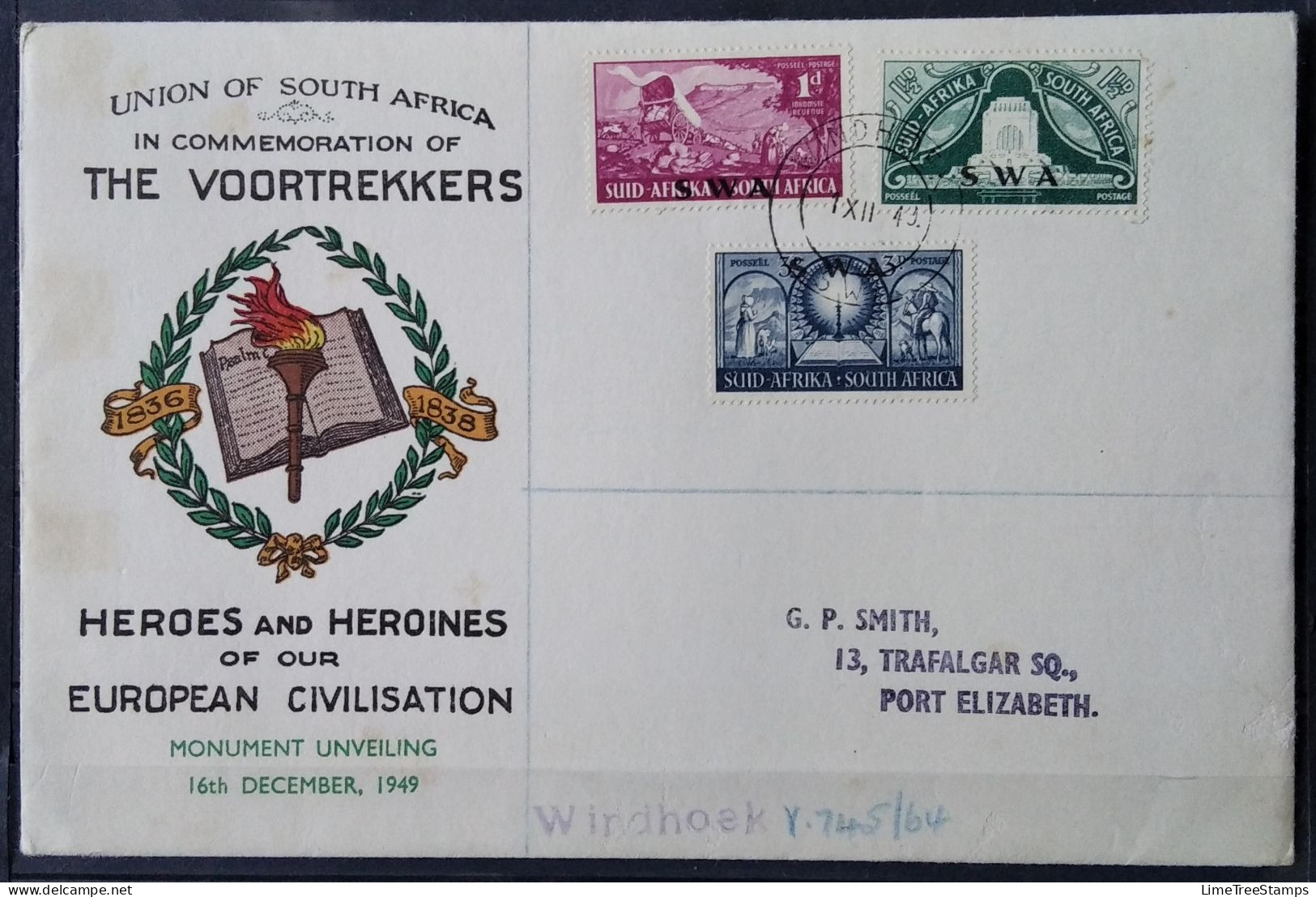 SOUTH WEST AFRICA 1949 O/p South Africa Voortrekker Monument Unveiling FDC Registered Envelope - Africa Del Sud-Ovest (1923-1990)