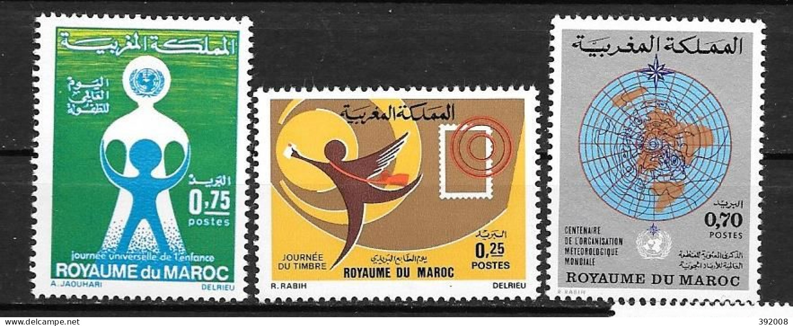 1973 - N° 652 à 654* MH - Journée De L'enfance - Journée Du Timbre - 100 Ans De Météo Mondiale - Morocco (1956-...)