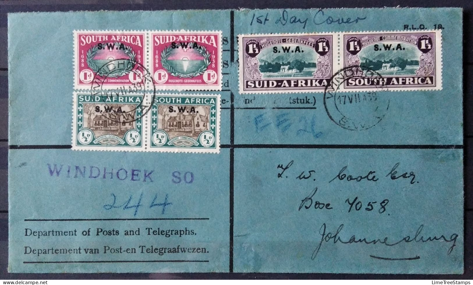 SOUTH WEST AFRICA 1939 O/p South Africa Huguenot Monument Fund FDC Registered Letter - Bilingual Pairs - Südwestafrika (1923-1990)