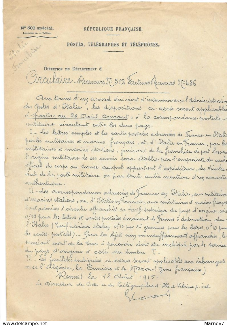 Postes 503 Spécial Circulaire Du 18 Août 1915 Receveurs N° 512 & Facteurs Receveurs N° 486 - Franchise Militaire Italie - Lettres & Documents