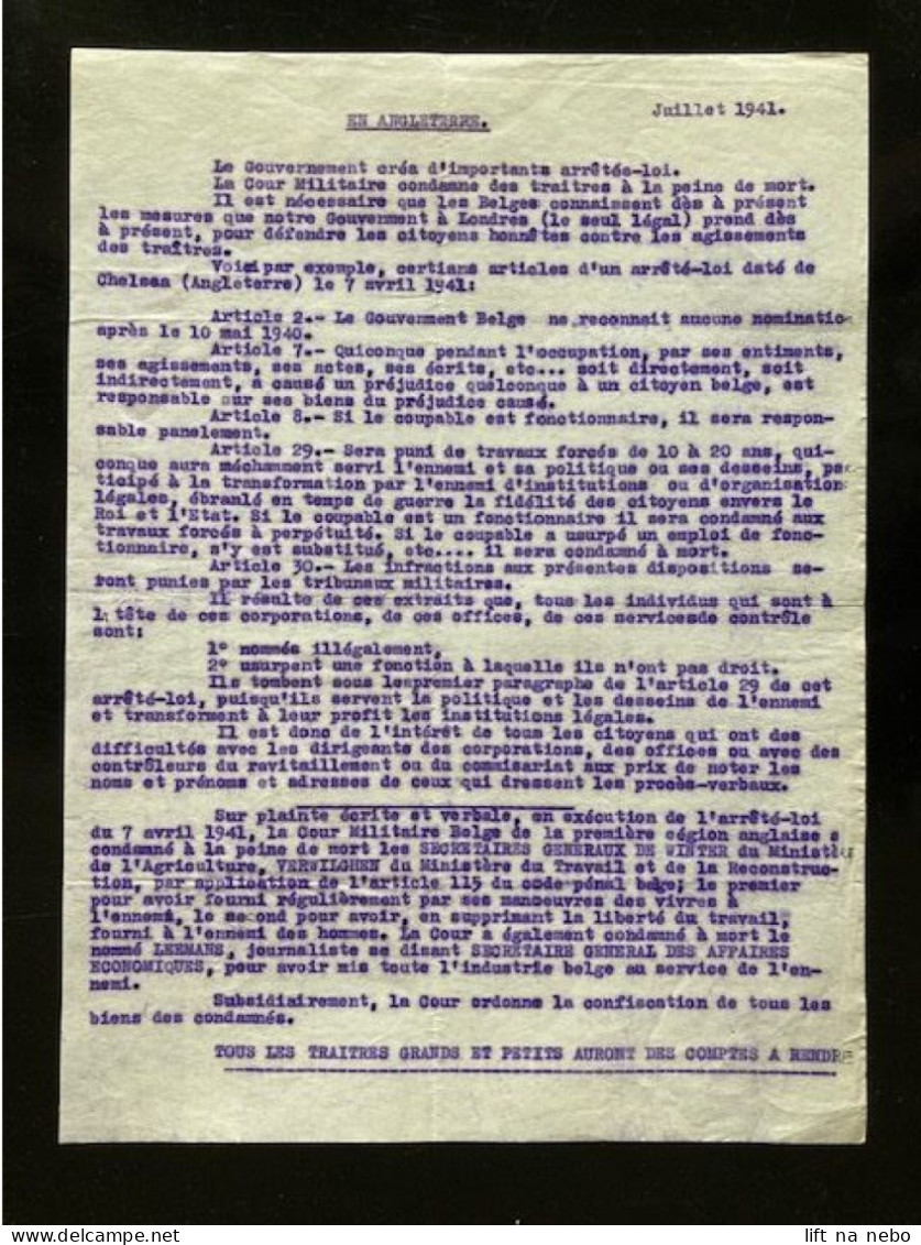 Tract Presse Clandestine Résistance Belge WWII WW2 'En Angleterre' Le Gouvernement Créa D'importants Arrêtés-loi... - Documents