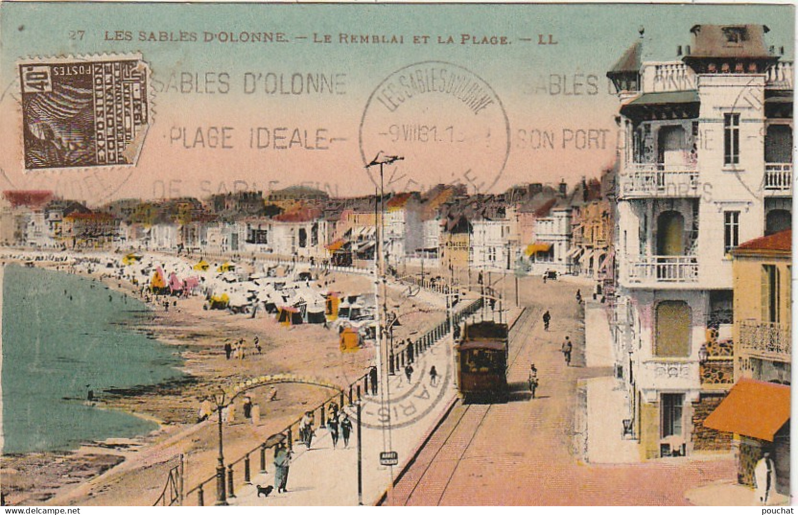 LE 4-(85) LES SABLES D' OLONNE - LE REMBLAI ET LA PLAGE - TRAMWAY - CARTE COLORISEE -  2 SCANS - Sables D'Olonne