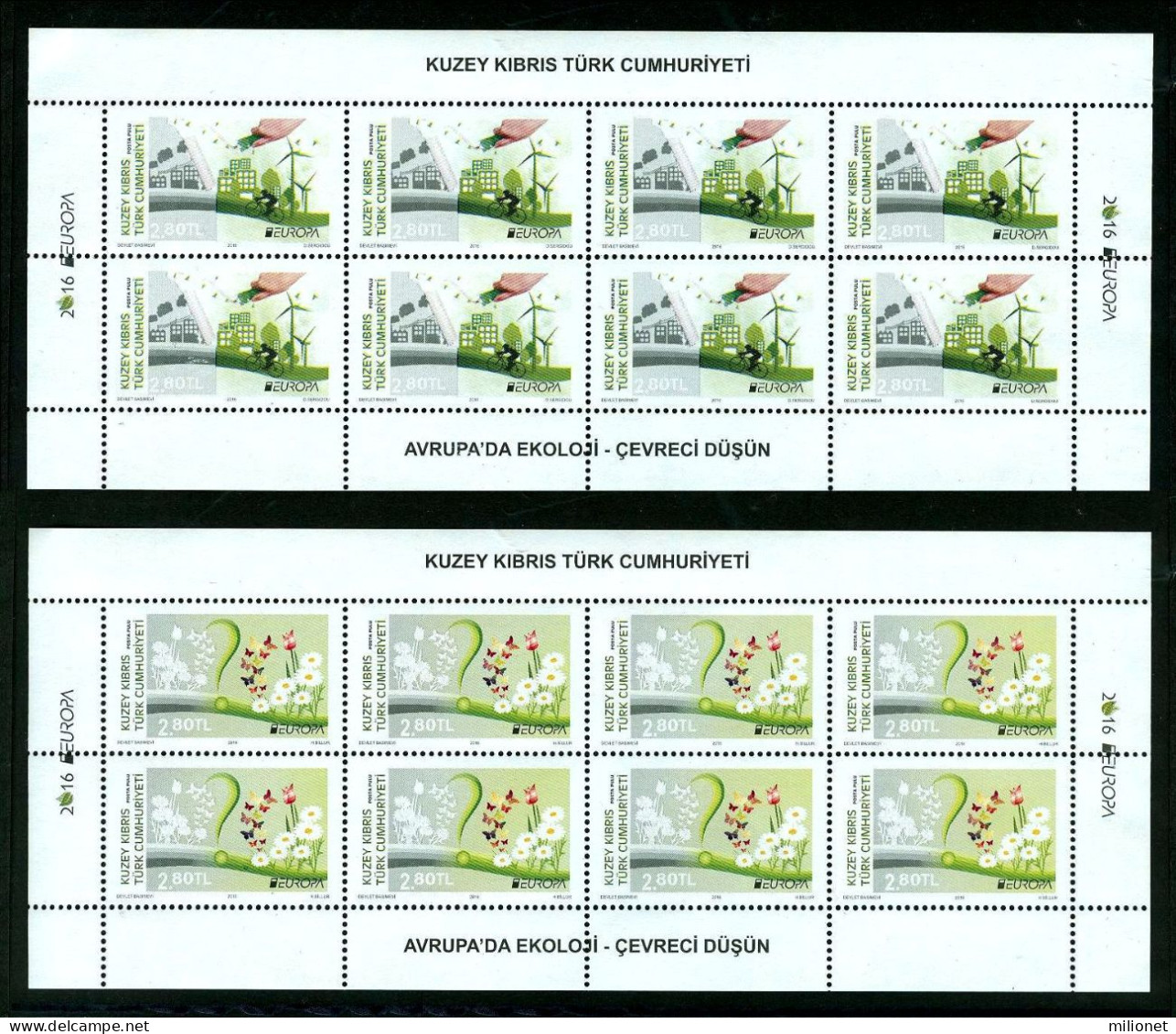 SALE!!! NORTHERN CYPRUS CHIPRE TURCO 2016 EUROPA CEPT Think Green 2 Sheetlets Of 8 Stamps MNH ** - 2016