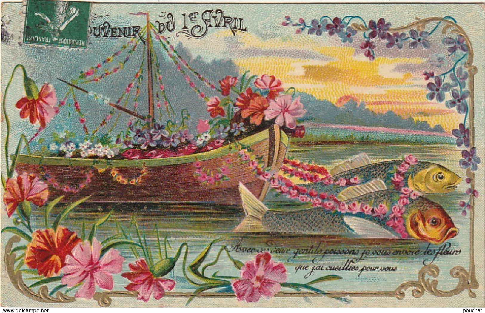 LE 6- SOUVENIR DU 1er AVRIL - CARTE FANTAISIE GAUFREE - COUPLE DE POISSONS TRACTANT UN BATEAU REMPLI DE FLEURS - 2 SCANS - April Fool's Day