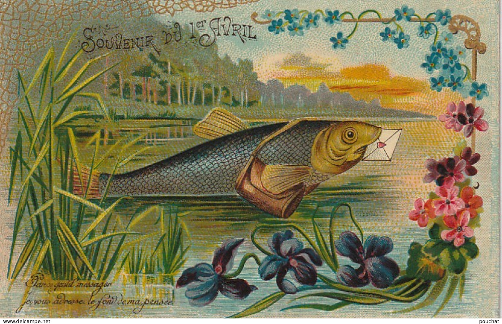 LE 6- SOUVENIR DU 1er AVRIL -" PAR CE GENTIL MESSAGER .."-  CARTE GAUFREE FANTAISIE  -  POISSON FACTEUR - 2 SCANS - April Fool's Day