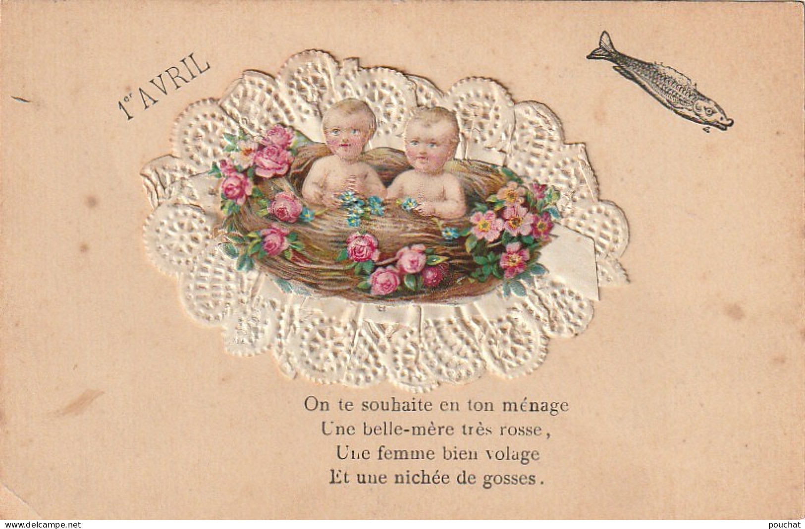 LE 6- 1er AVRIL  - CARTE FANTAISIE AVEC CHROMO : BEBES DANS NID  - 2 SCANS - April Fool's Day