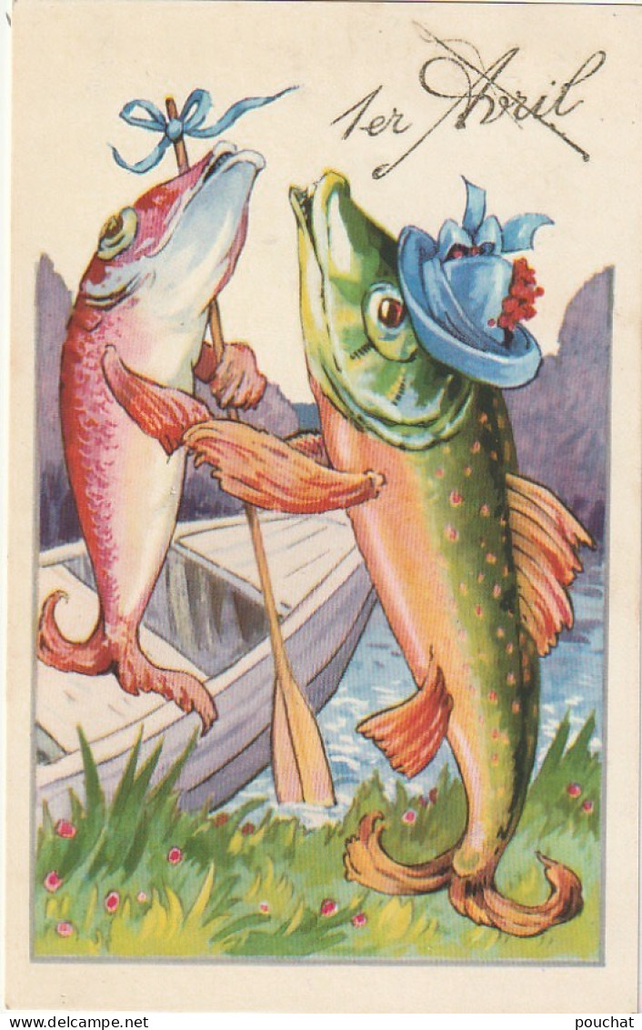 LE 6-  CARTE  FANTAISIE HUMORISTIQUE : COUPLE DE POISSONS PECHEURS - 2 SCANS - 1° Aprile (pesce Di Aprile)