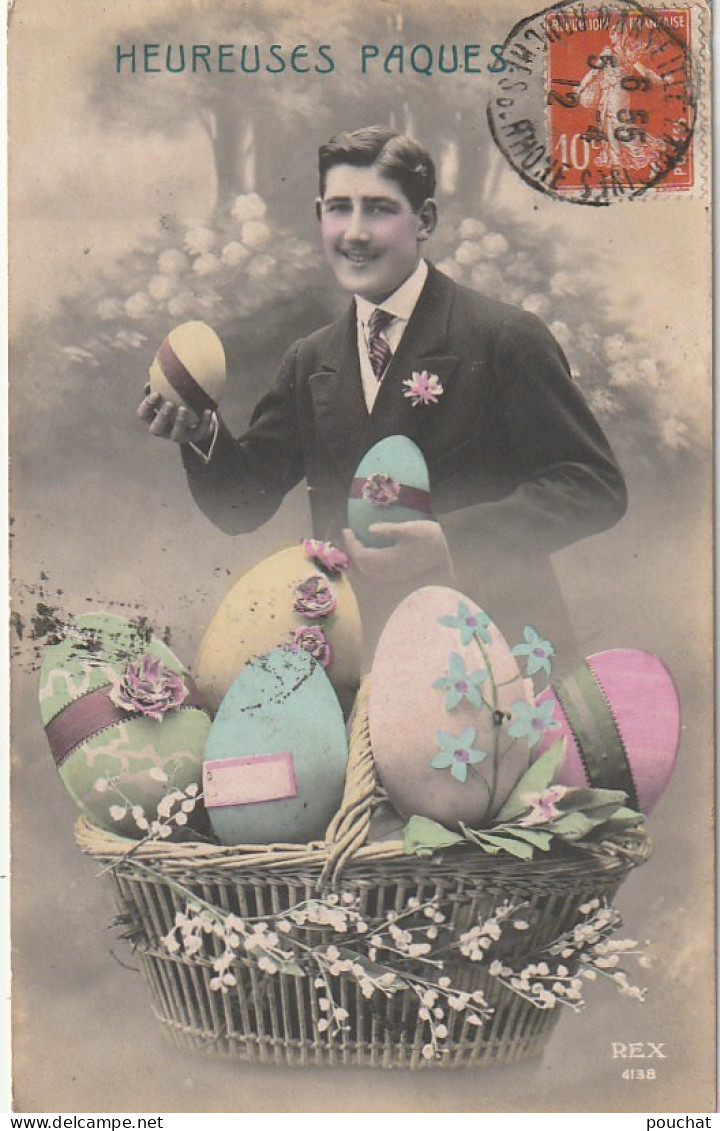 LE 6- HEUREUSES PAQUES - CARTE FANTAISIE - PANIER D' OEUFS MULTICOLORES - 2 SCANS - Ostern