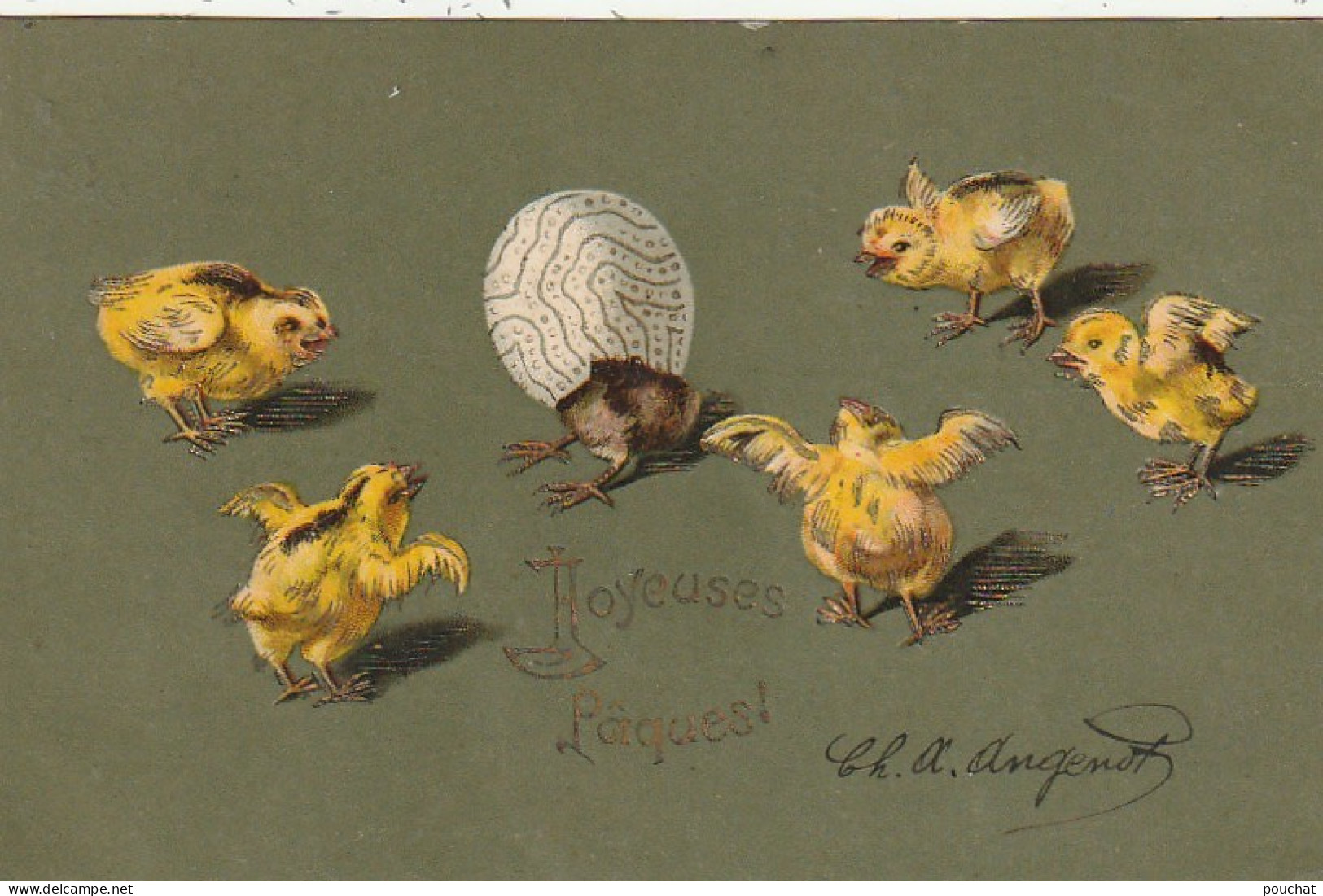 LE 6- JOYEUSES  PAQUES - ECLOSION D'UN OEUF AU MILIEU DE POUSSINS - CARTE GAUFREE - 2 SCANS - Pasqua