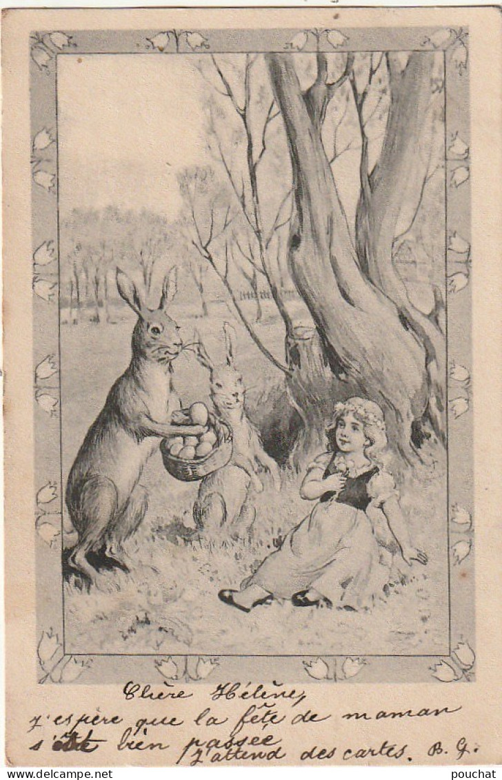 LE 6- CARTE FANTAISIE - SCENE CHAMPETRE : FILLETTE ET COUPLE DE LAPINS AVEC PANIER D' OEUFS - 2 SCANS - Pâques