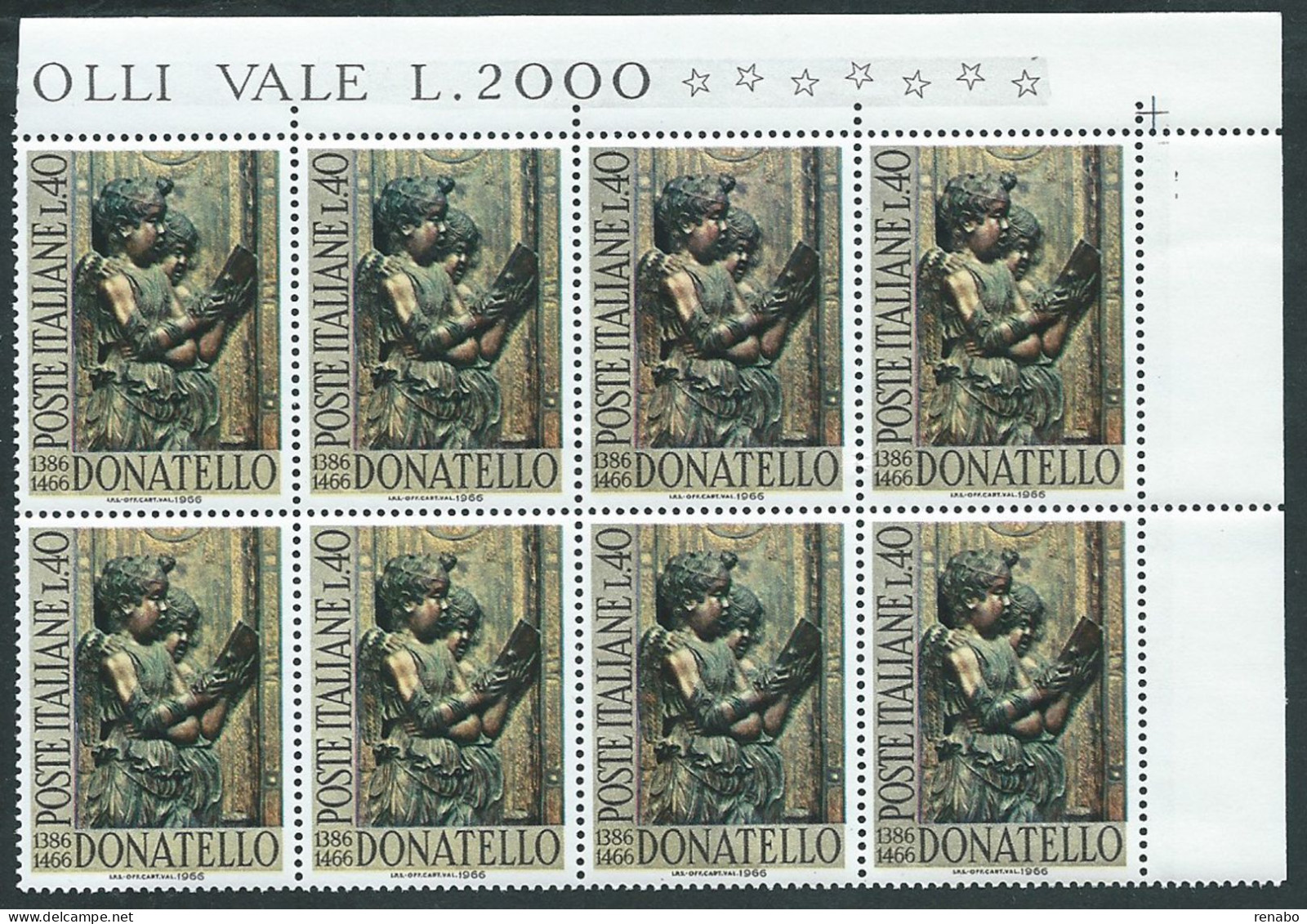 Italia 1966; Donatello, Scultore ; Blocco D' Angolo Di 8 Francobolli = 2 Quartine. - 1961-70: Nieuw/plakker