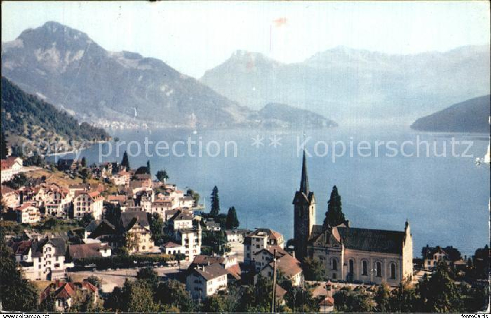 12605558 Weggis Vierwaldstaettersee Panorama Mit Kirche Und See Weggis - Sonstige & Ohne Zuordnung