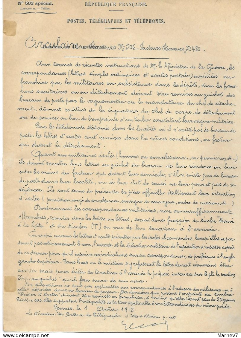 Postes 503 Spécial Circulaire Du 1 Août 1915 Receveurs N° 506 & Facteurs Receveurs N° 480 - Franchise Militaire Danemark - Brieven En Documenten