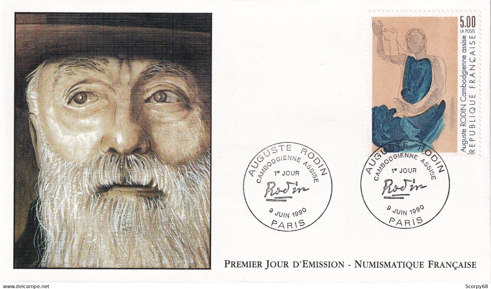 FDC 09/06/1990: Auguste RODIN - Cambodgienne Assise - Y&T N° 2636 - 1990-1999