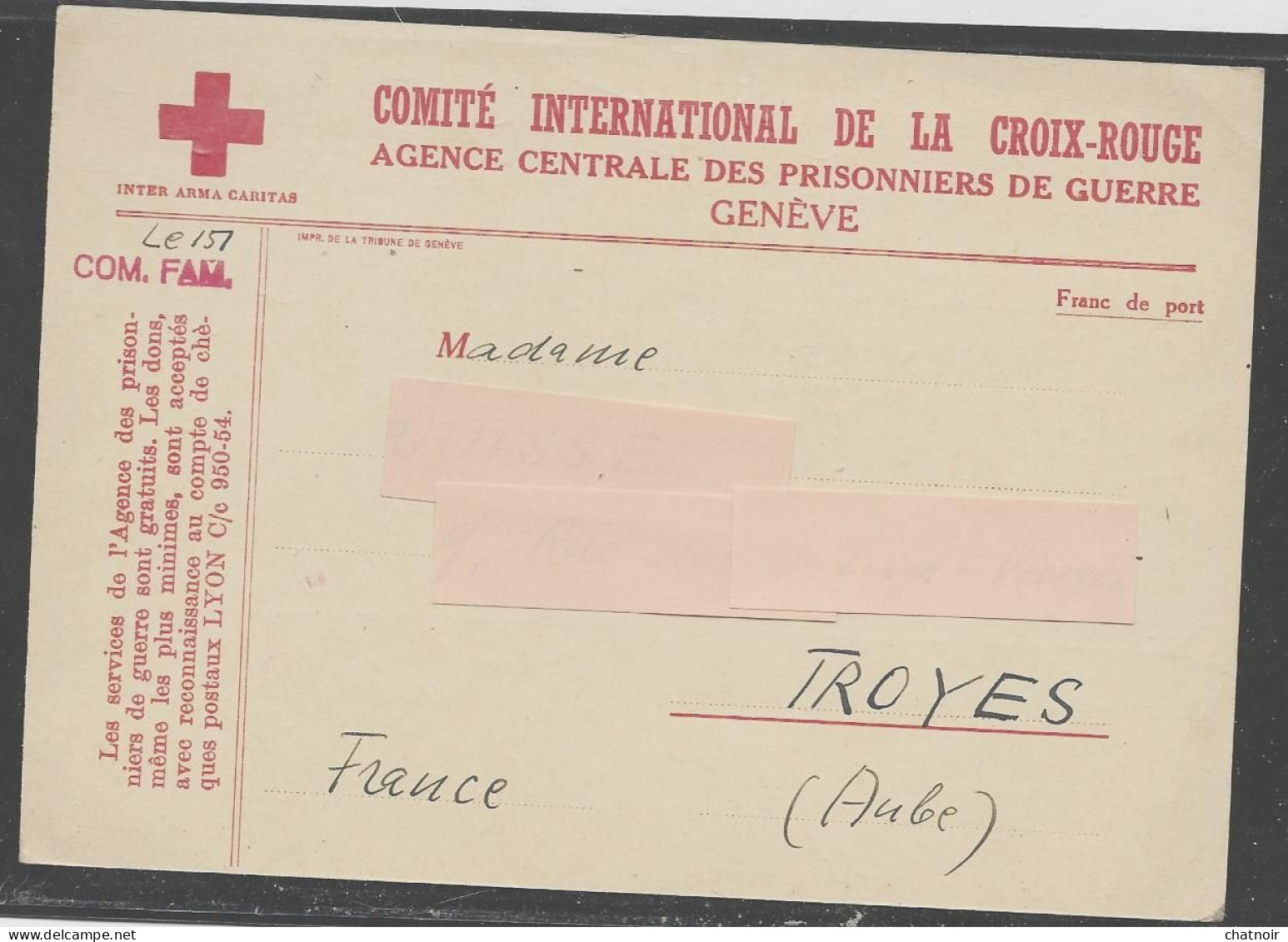 Carte  COMITE INTERNATIONAL DE LA CROIX ROUGE Agence Centrale Des Prisonniers  GENEVE - Cruz Roja