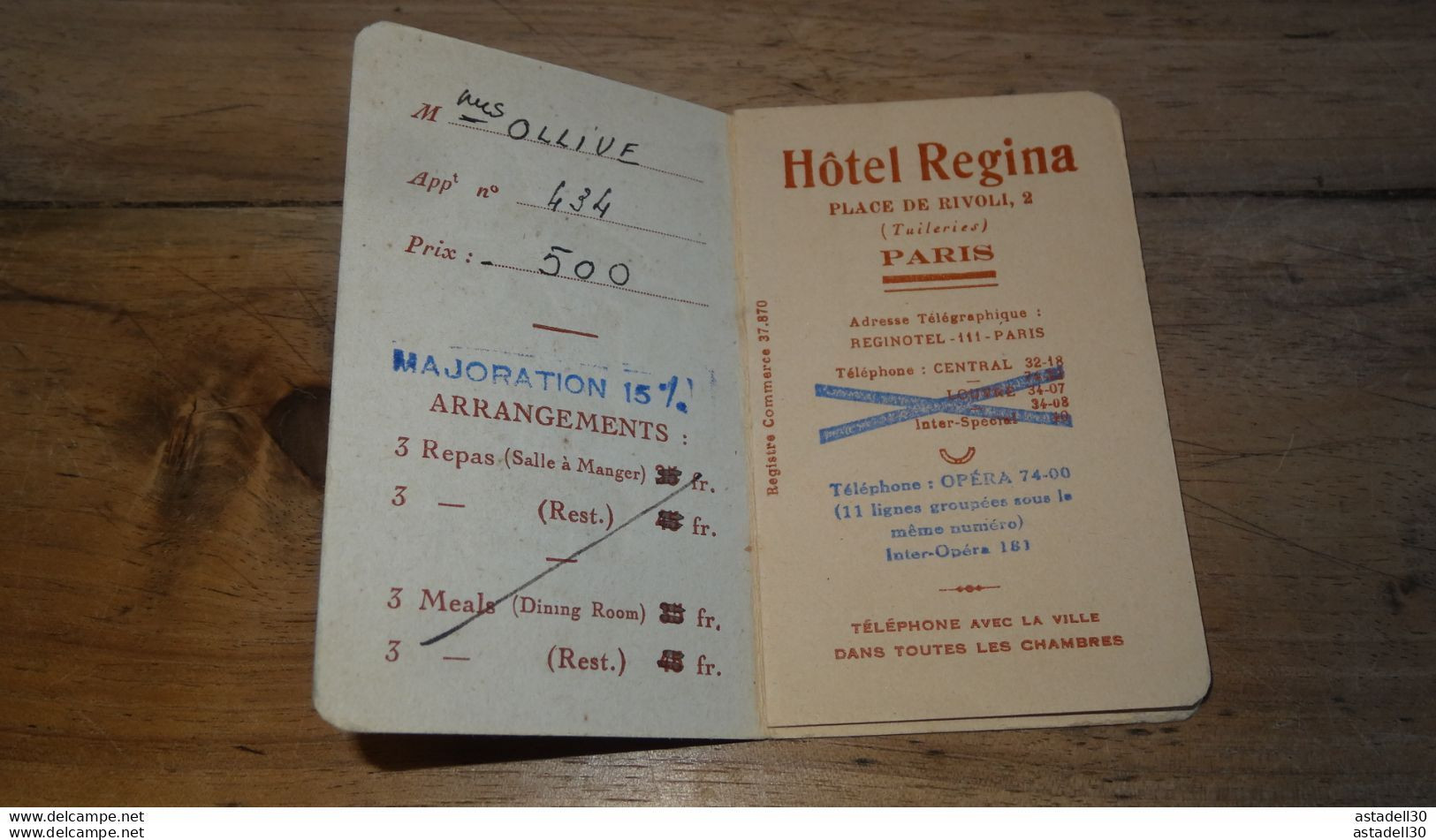 Petit Carnet Hotel REGINA, Place Rivoli, PARIS ........PHI ........ E1-152 - Reclame