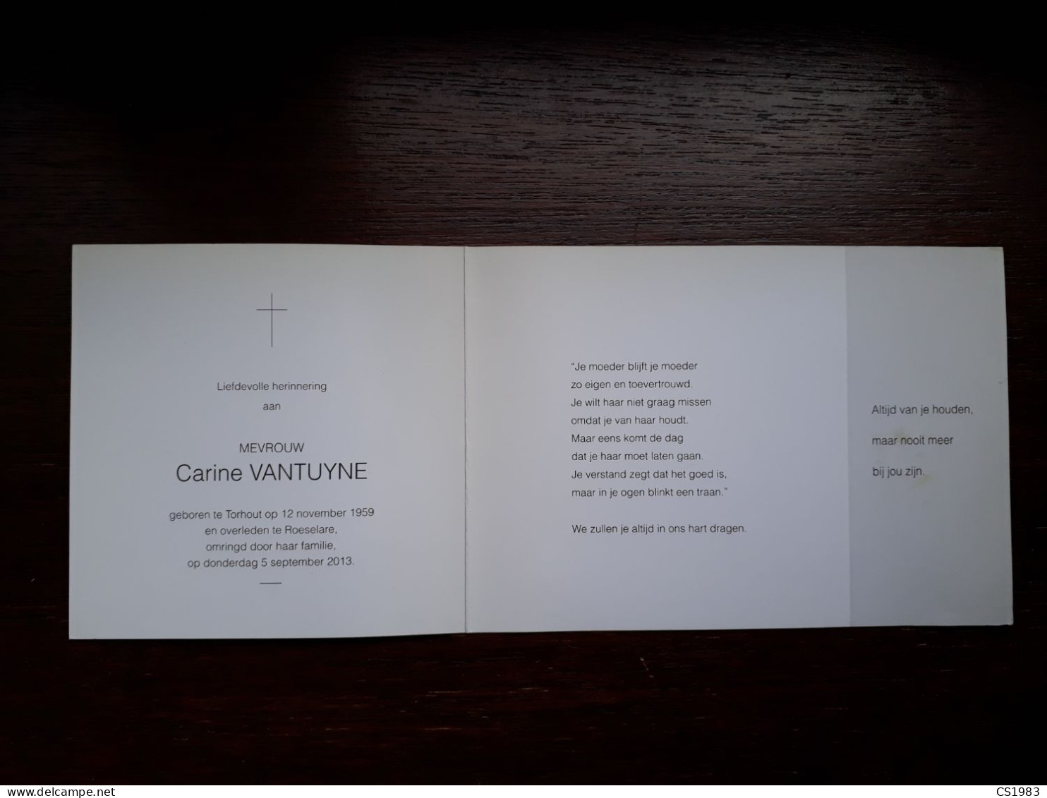 Carine Vantuyne ° Torhout 1959 + Roeselare 2013 (Fam: Depoorter-Joye-Janssens-Blomme-Tanghe-Geleyn-Vanacker) - Obituary Notices