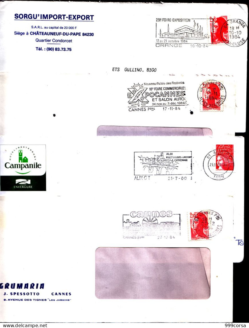 France (21),Flammes Diverses,8 Enveloppes Annèes 1980-2007(Re),Orange,Cannes,Albi,Chateaurenard,Tarascon,Cahors,Menton - Maschinenstempel (Werbestempel)