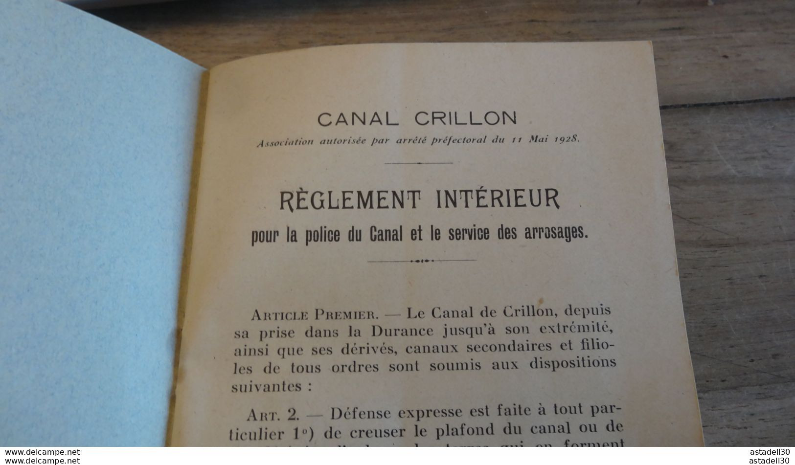 Reglement Interieur Pour La Police Du Canal Crillon, AVIGNON 1928 ........PHI ........ Caisse-23 - Ohne Zuordnung