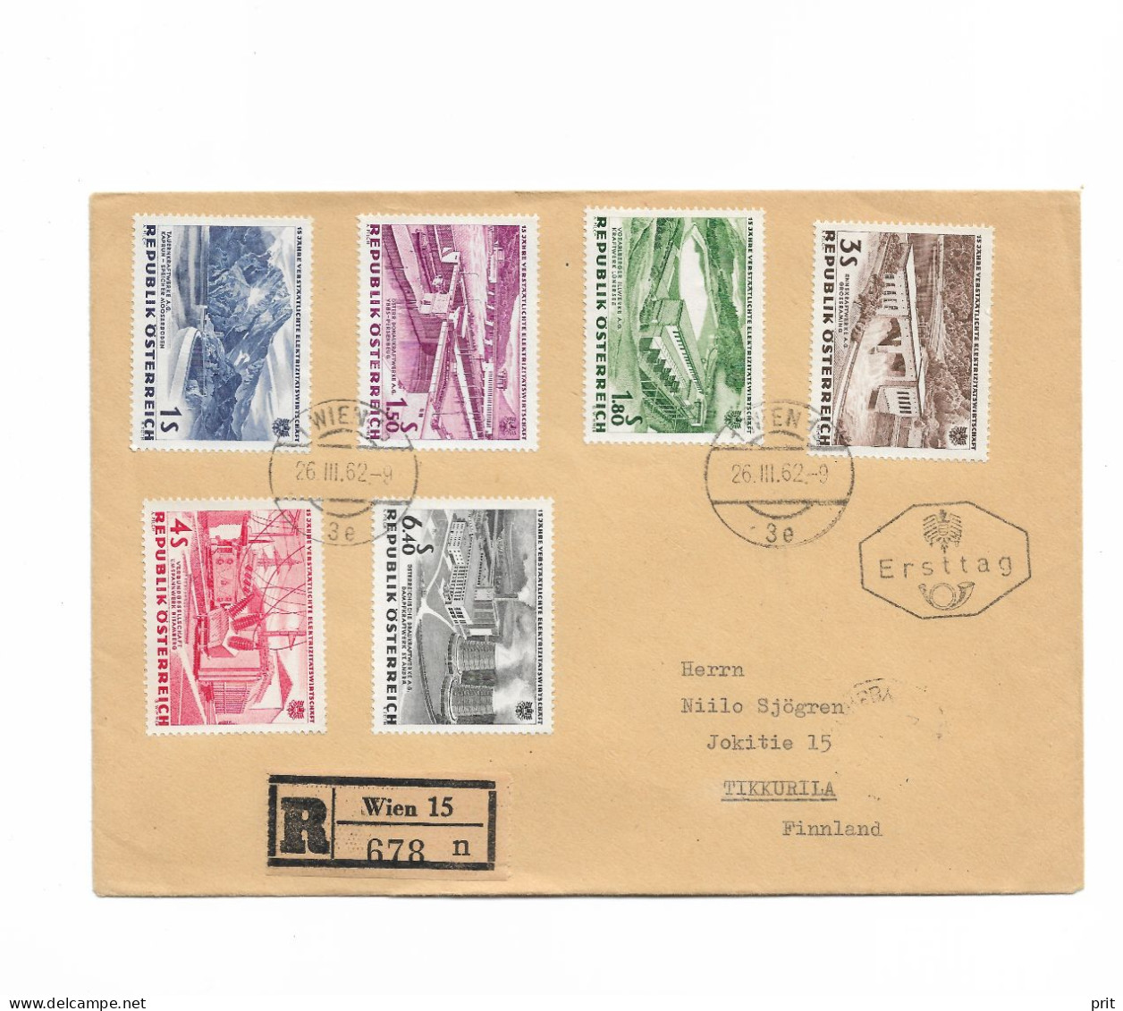 Vienna First Day Ersttag Registered Cover To Tikkurila Finland 1962  15 Years Of Nationalized Electricity Industry FDC - FDC