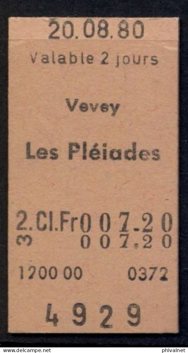 20/08/80  , VEVEY - LES PLÉIADES , TICKET DE FERROCARRIL , TREN , TRAIN , RAILWAYS - Europa