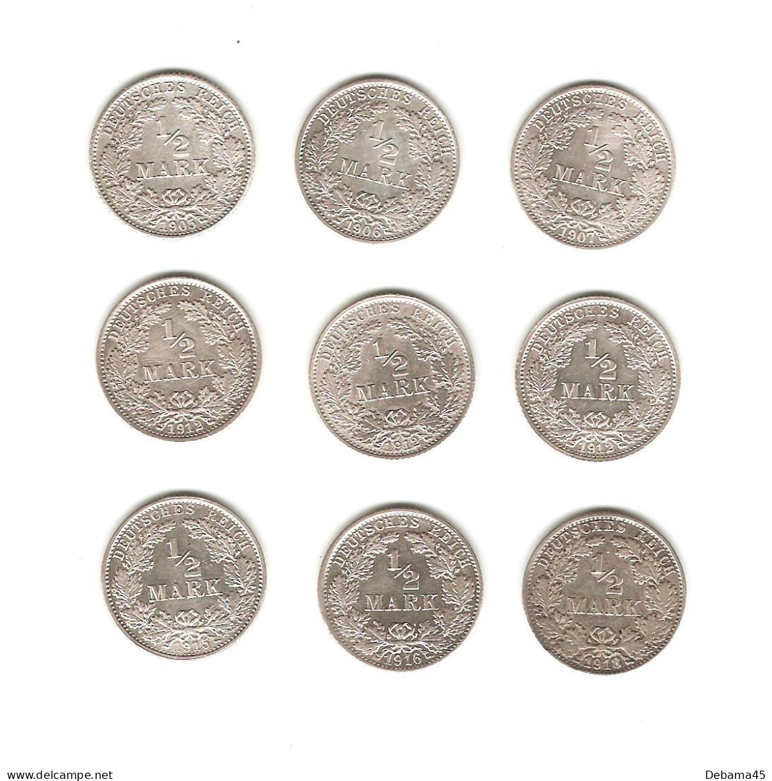 664/ ALLEMAGNE : 9 X 1/2 Mark (TTB à SUP) : 1905 G - 1906 A - 1907 A -1912 A X 3 - 1915 G - 1916 F - 1918 F (argent) - 1/2 Mark