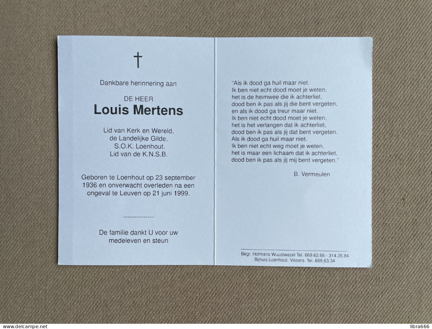 MERTENS Louis °LOENHOUT 1936 +LEUVEN 1999 - Lid K.N.S.B. - Todesanzeige