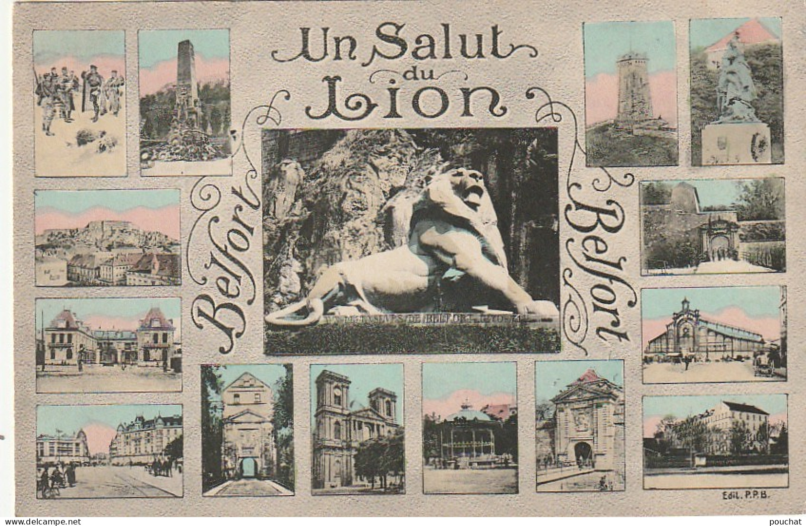 LE 22-(90) UN SALUT DU LION - BELFORT - CARTE MULTIVUES COLORISEE - 2 SCANS  - Belfort – Le Lion