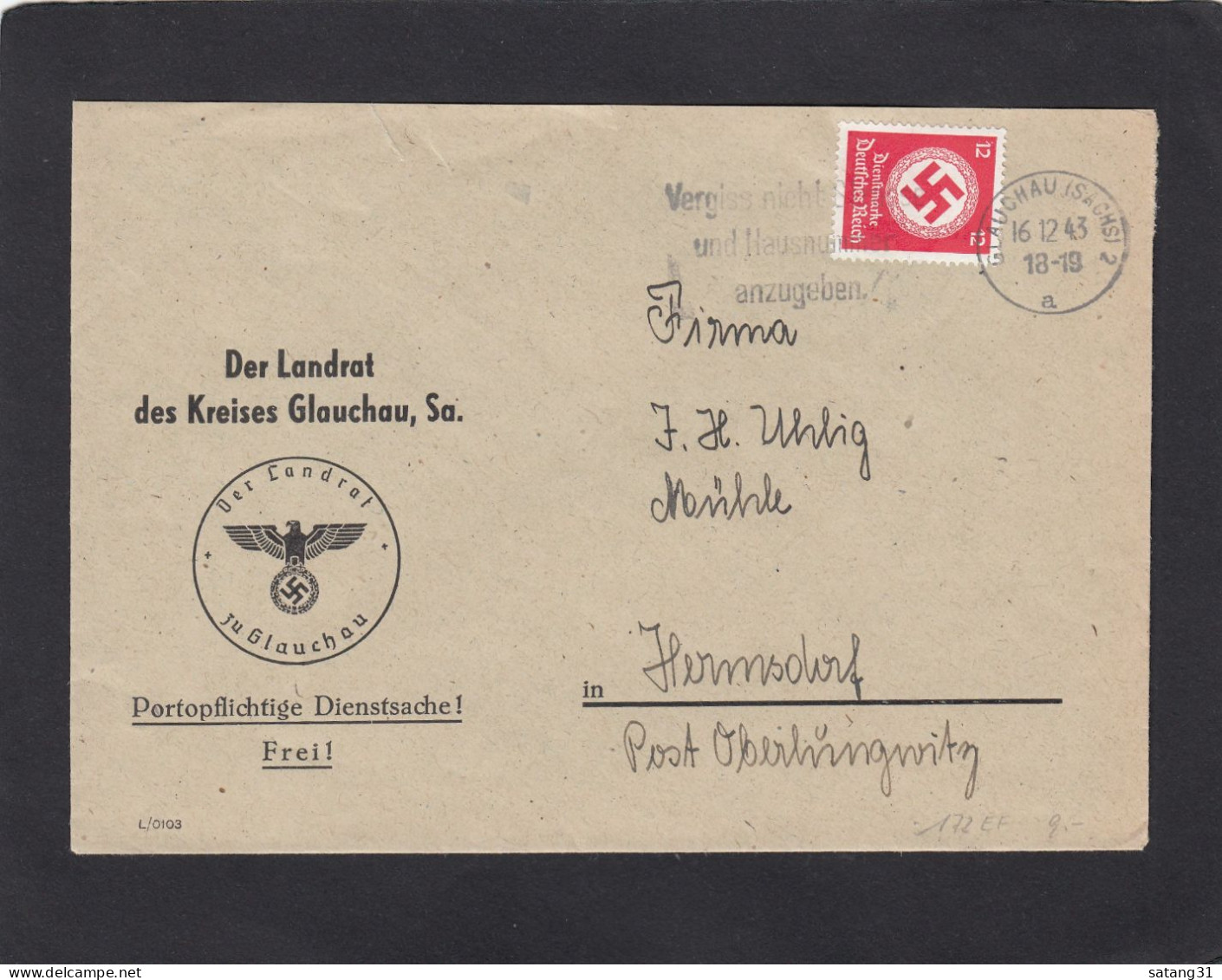 DIENSTBRIEF AUS GAUCHAU NACH HERMSDORF,1943. - Officials