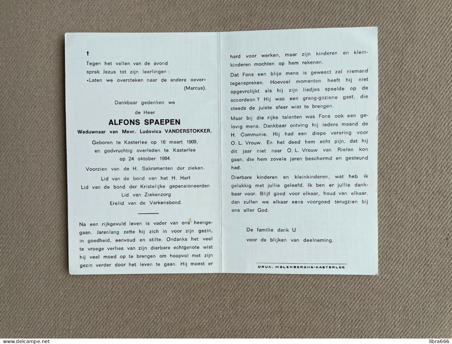 SPAEPEN Alfons °KASTERLEE 1909 +KASTERLEE 1984 - VANDERSTOKKER - Erelid Van De Varkensbond - Obituary Notices