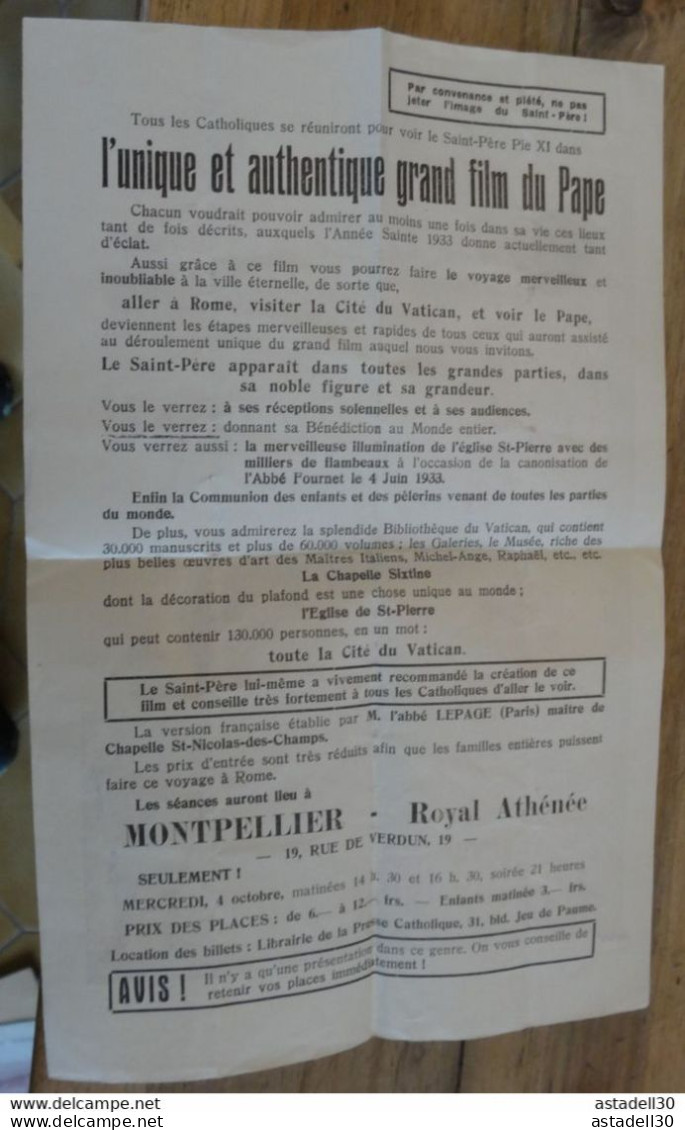 Pub Pour Film Du Pape Pie XI Sur Montpellier, Royal Athénée En 1933 ........PHI ........ Caisse-23 - Religione & Esoterismo